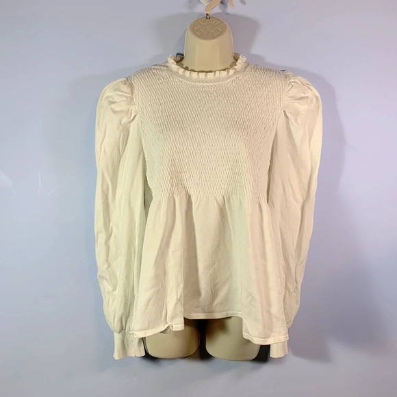 ASOS size 14 white cream puff bishop sleeve smocked chest peplum frill neck - Picture 5 of 11